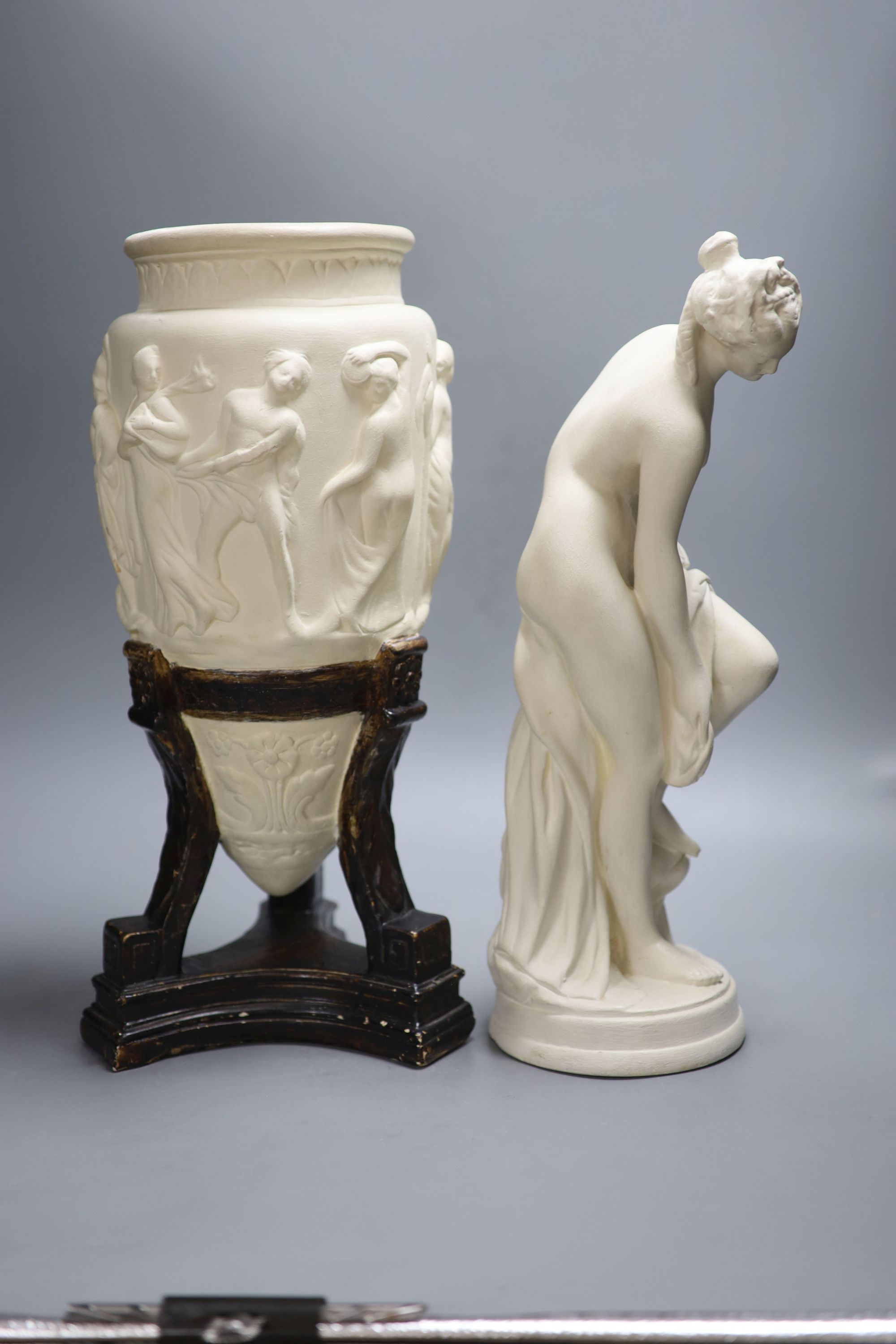 A classical plaster figure and a similar classical vase on stand, tallest 44cm